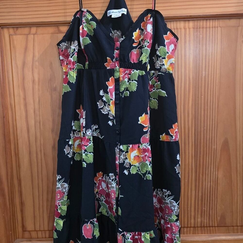 American Eagle Dress Size 0 Floral Party Peasant Cottagecore Tiered Ruffle Black